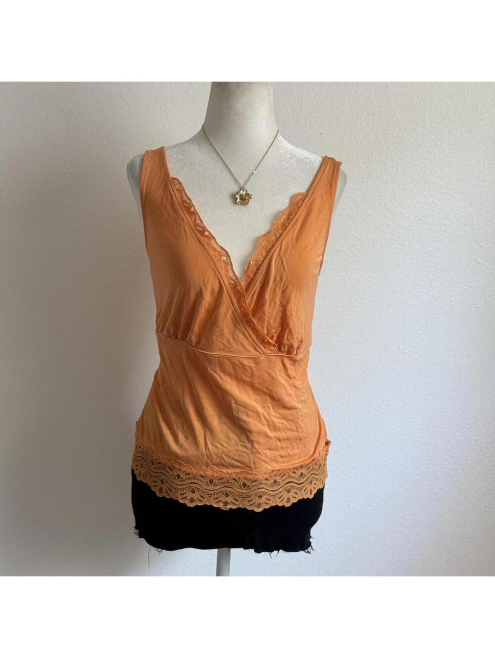 ੈ✩‧₊˚y2k 100% silk orang lace trim babydoll tank top